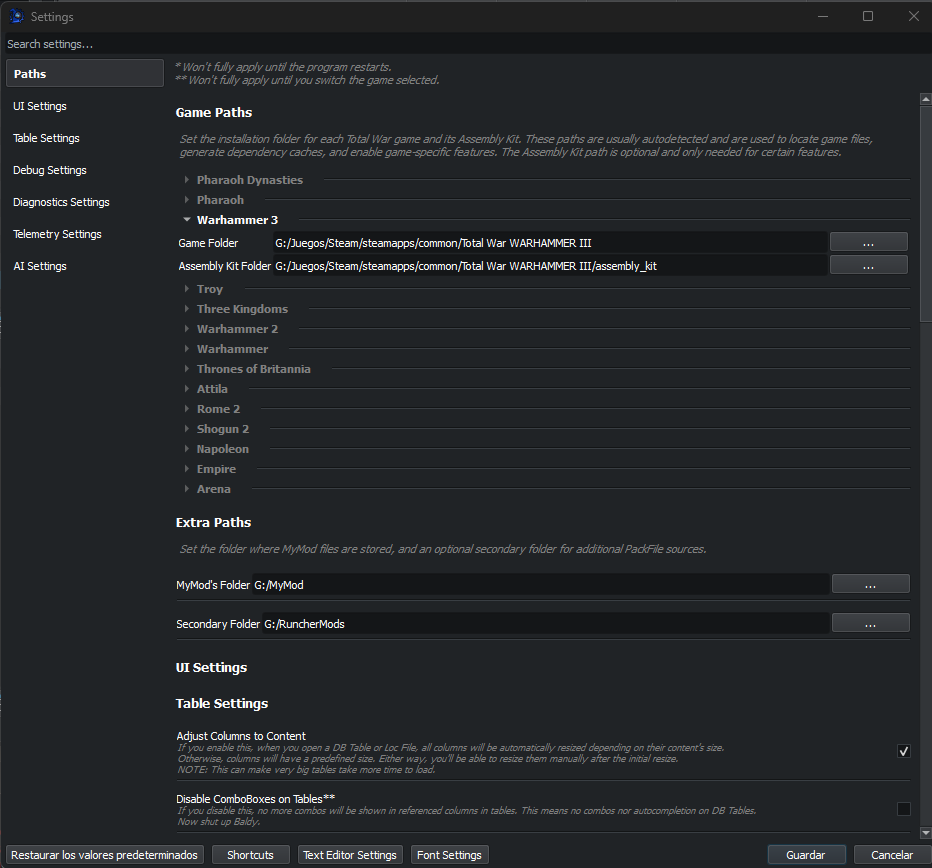 Settings, or Preferences for the finolis